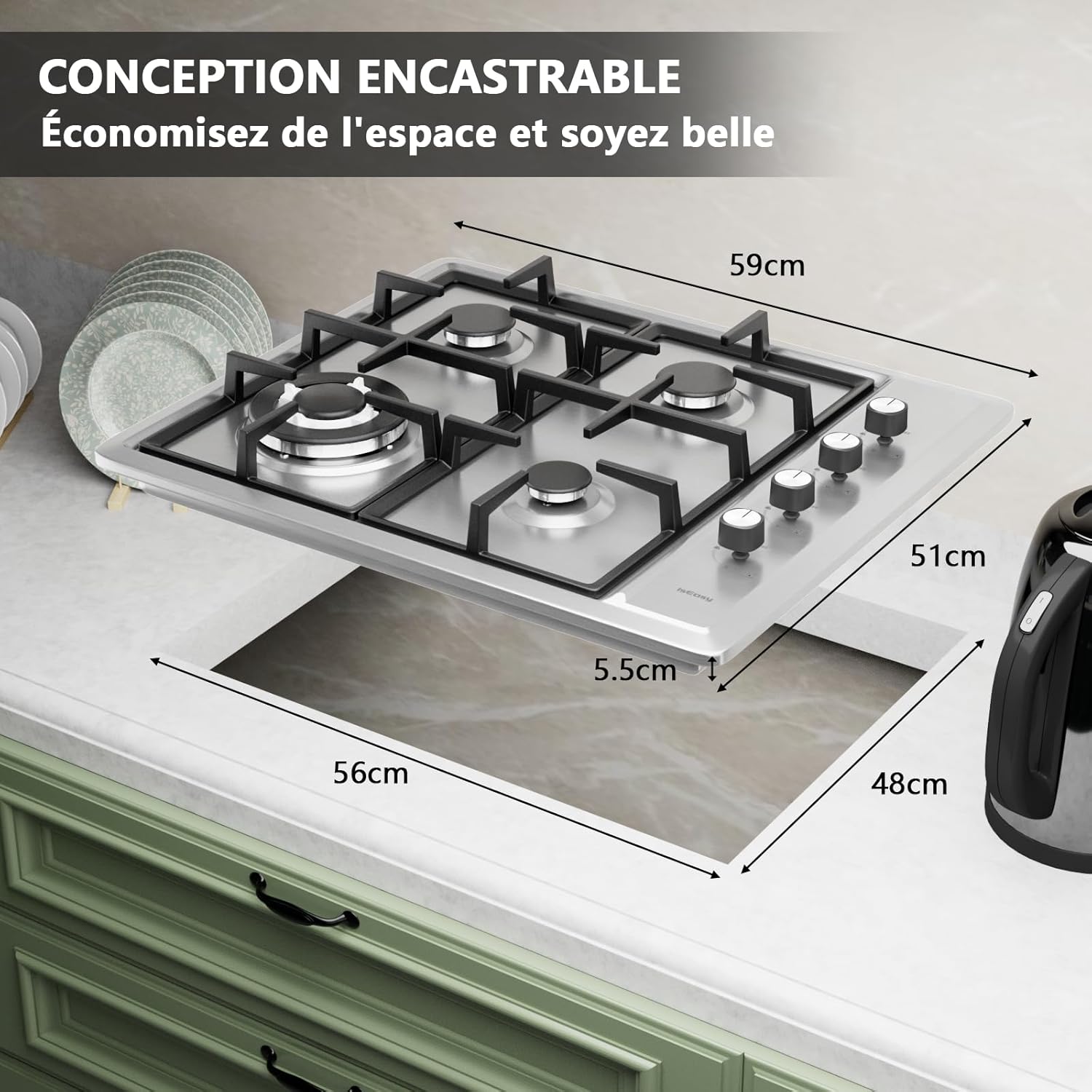 IsEasy Plaque Gaz 4 Feux Inox, Plaque de Cuisson Gaz 4 feux Encastrable, Table de cuisson 60cm, Gazs Ville et Bouteille