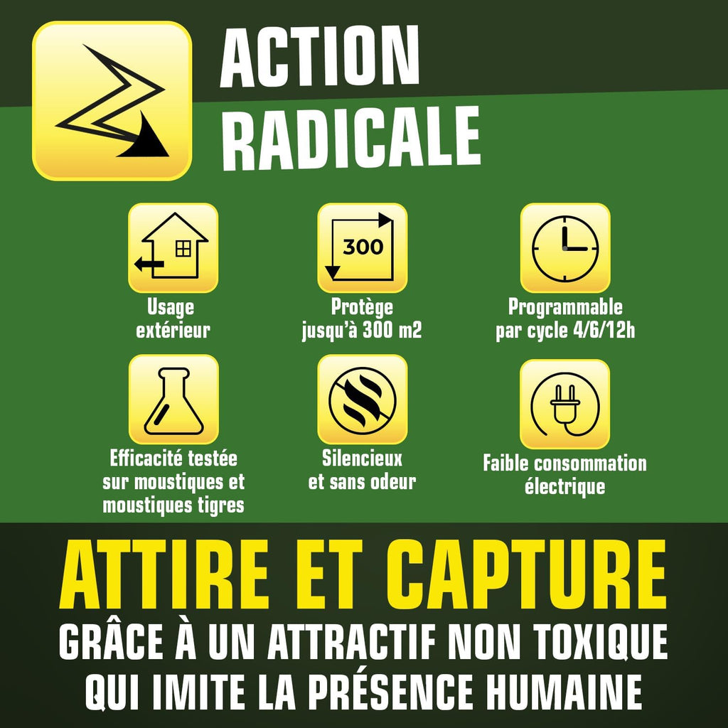 K.PRO Piège à Moustiques Exterieur avec 1 seringue d'attractif. Attire et Capture Les moustiques et Assure 3 Mois de tranquillité jusqu'à 300m². Electrique et Programmable, Silencieux et sans Odeur