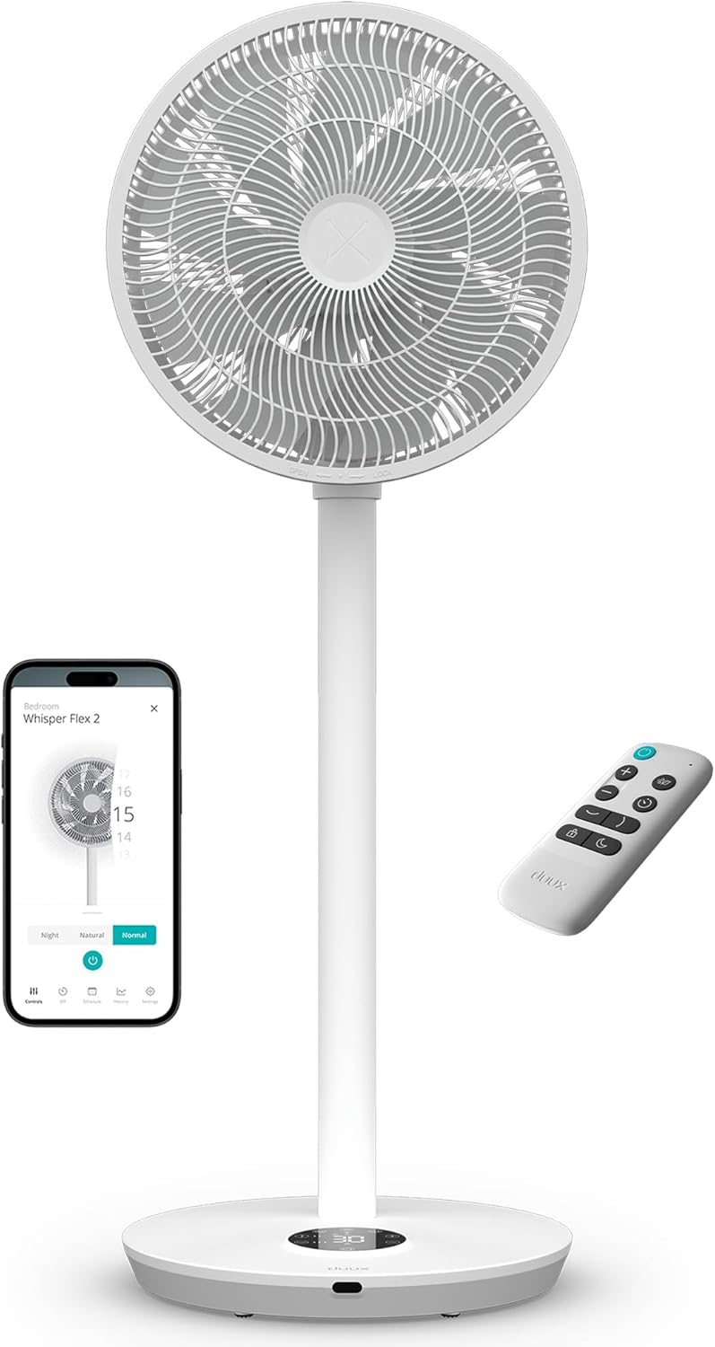 Duux Ventilateur intelligent Whisper Flex 2 – ultra silencieux 13 dB – mode nuit & minuterie – hauteur réglable (54–92 cm) – 2W éco – contrôle app & télécommande – Blanc