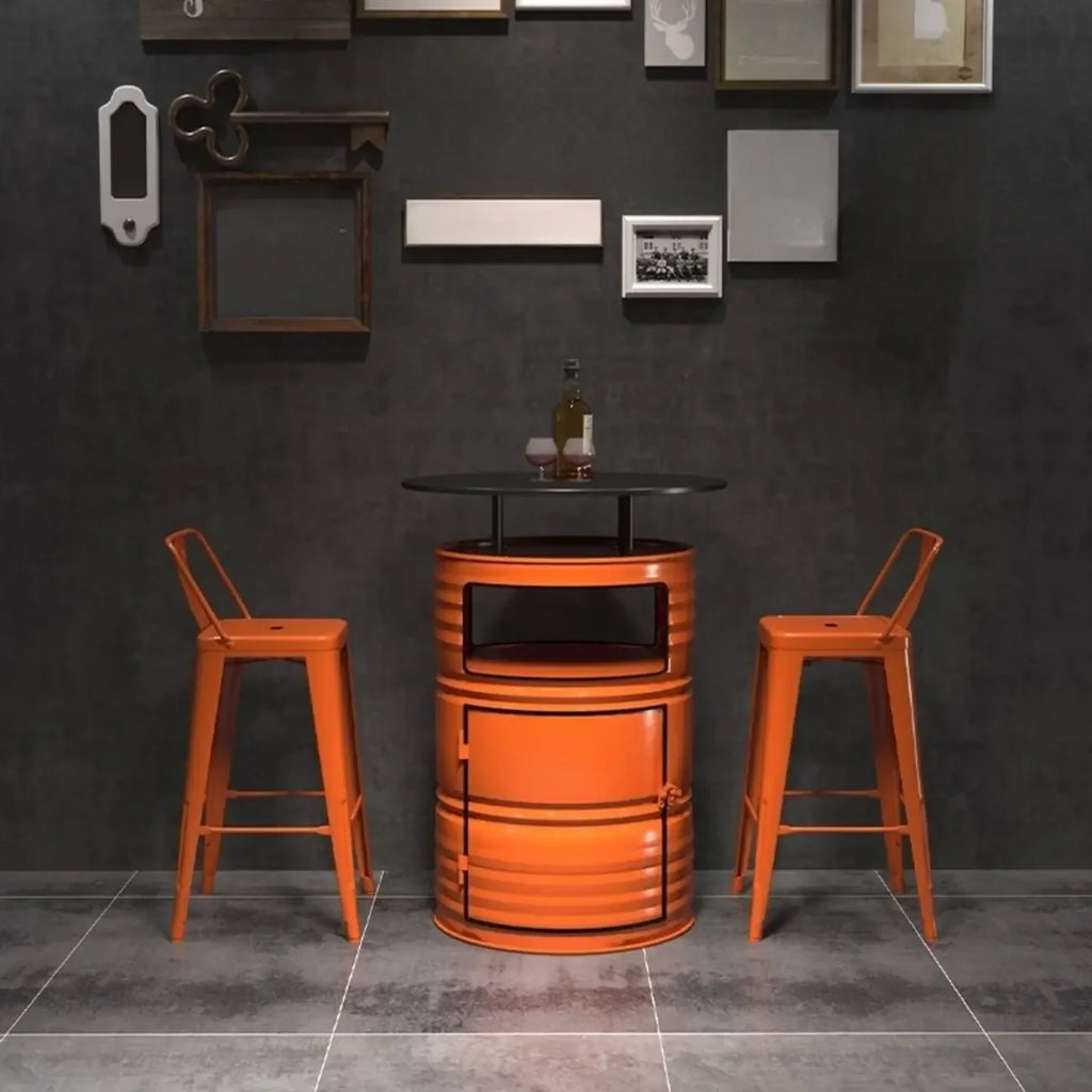 Industrial Black Orange Metal Drum Storage Bar Tables