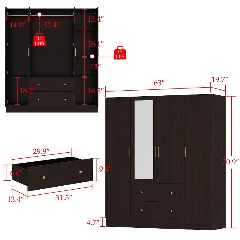 Hitow Armoire 2-Large Drawer Center Hanging Area with Mirror Minimalist Style