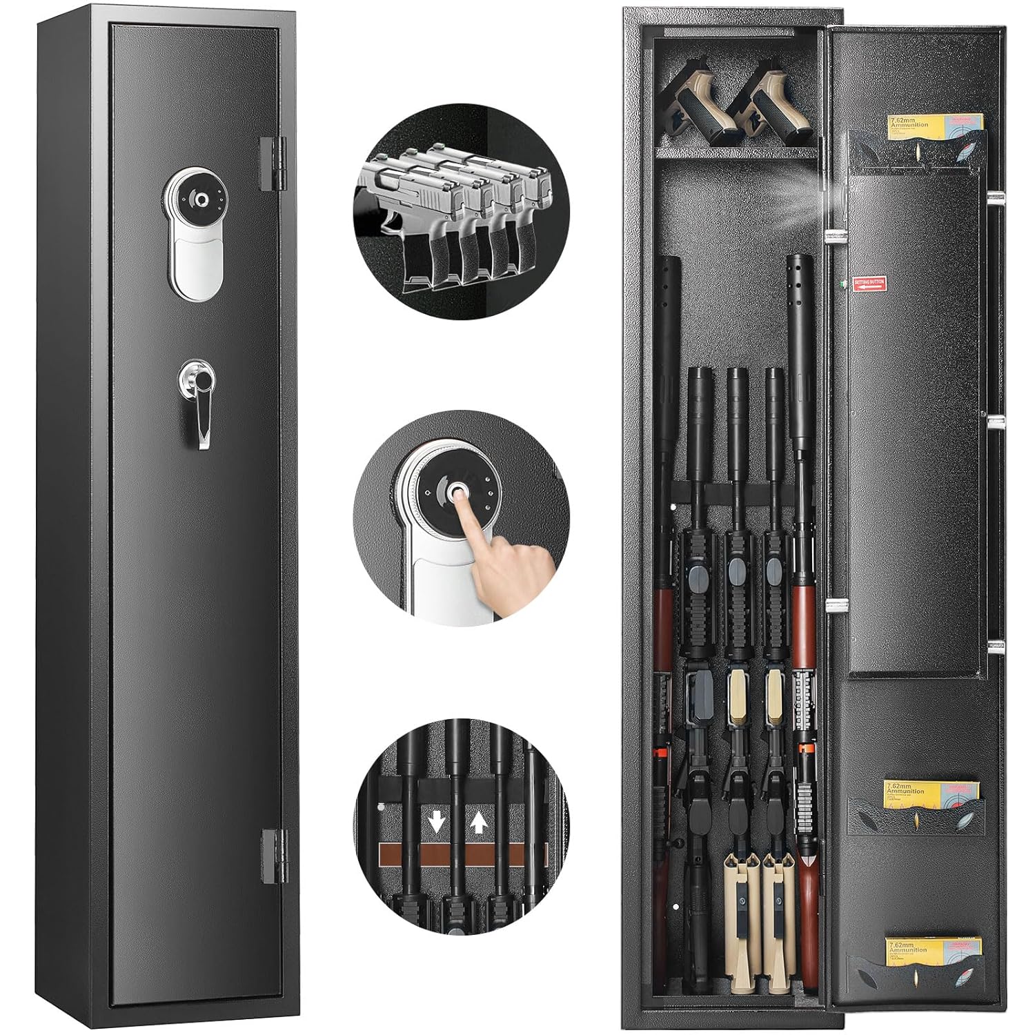VEVOR Armoire à 5 Fusils 4 Pistolets en Acier Coffre-Fort pour Armes à Feu 2 Façons de Verrouillage Empreinte Digitale et Clé Anti-Effraction Alarme Antivol et Mode Silencieux Domicile 28x30x138 cm