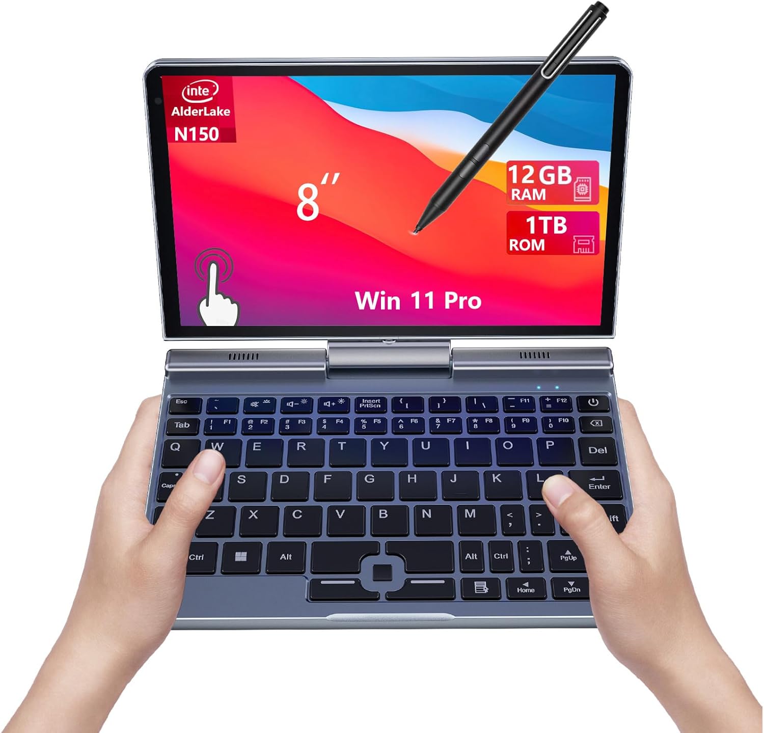Mini Ordinateur Portable 2 en 1 de 20,3 cm, écran Tactile Rotatif HD, Prend en Charge l'écriture Manuscrite Windows 11 Pro, Petit Ordinateur Portable, N150, 12 Go de RAM, 1 to SSD, Wi-FI 6