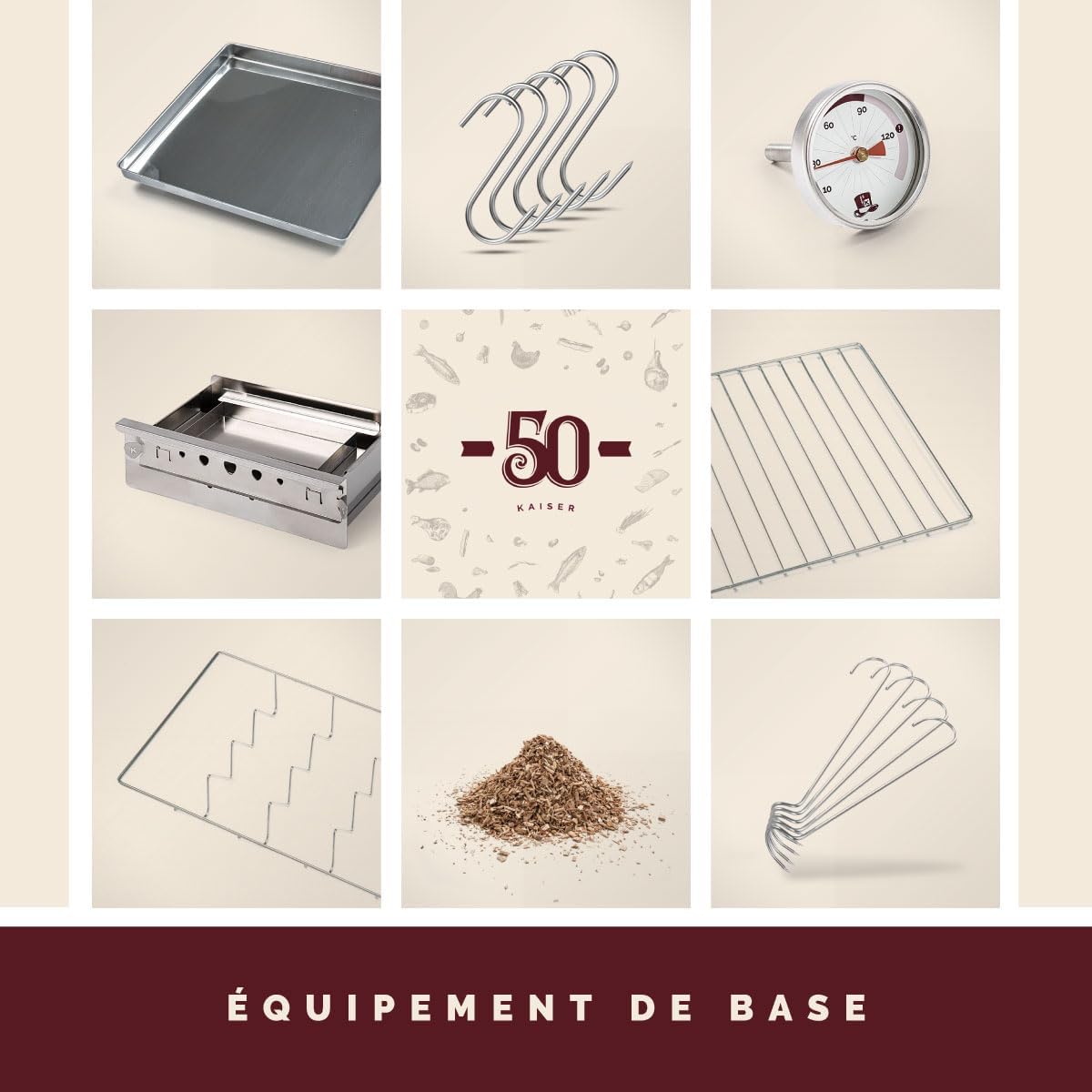 Fumoir KAISER COMPANY '50' en acier inoxydable de haute qualité, portable de 80 cm, pour fumer jusqu'à 10 kg de viande, chauffage au bois