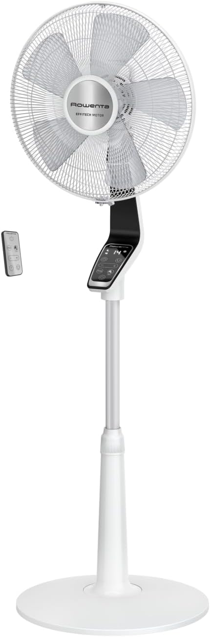 Rowenta Turbo Silence Extreme Ventilateur sur pied, Puissant, Silencieux, Écoénergétique, Design, Timer 12h, Télécommande VU5690F0, Blanc et Métallisé