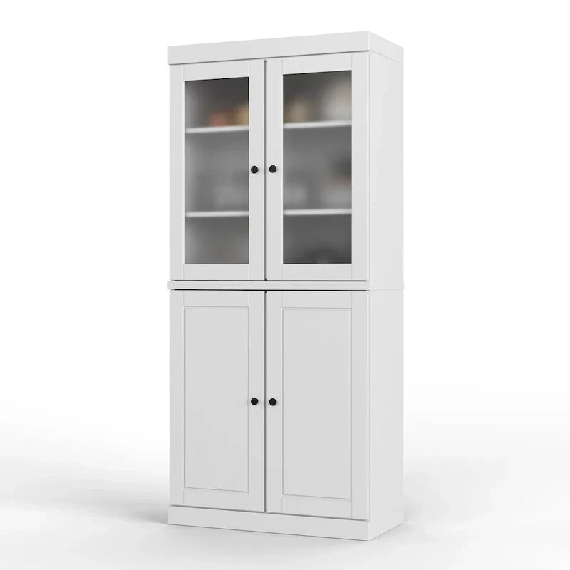 100% Solid Wood Pantry Cabinet with Frosted Glass Doors, Solid Doors, 2-Drawers and Adjustable Shelves