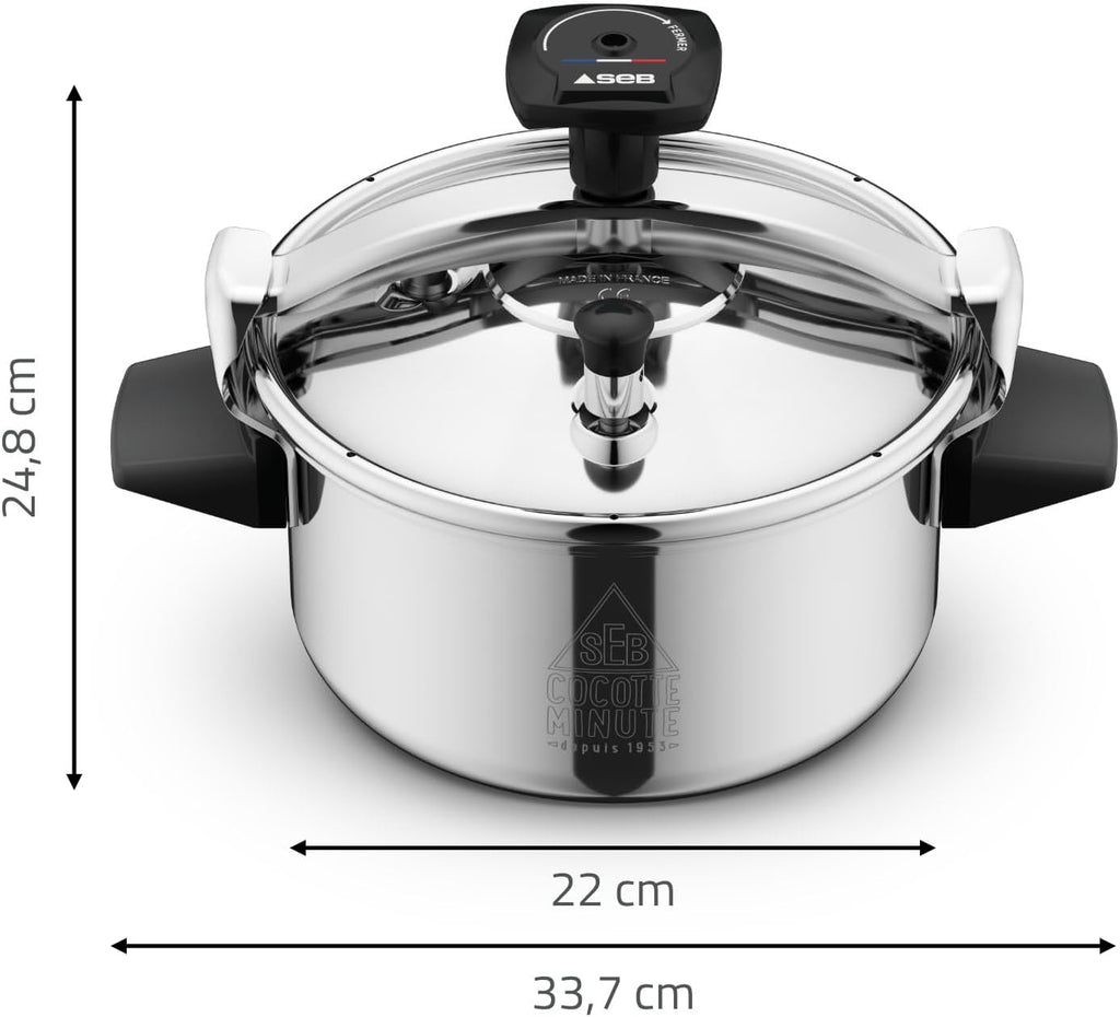 SEB Authentique Eco, Cocotte-minute 4,5L, 1 à 4 personnes, Induction, Cuisson plus rapide, Fabrication française, Garantie 10ans, Système de sécurité, Livre de recettes, P0530600