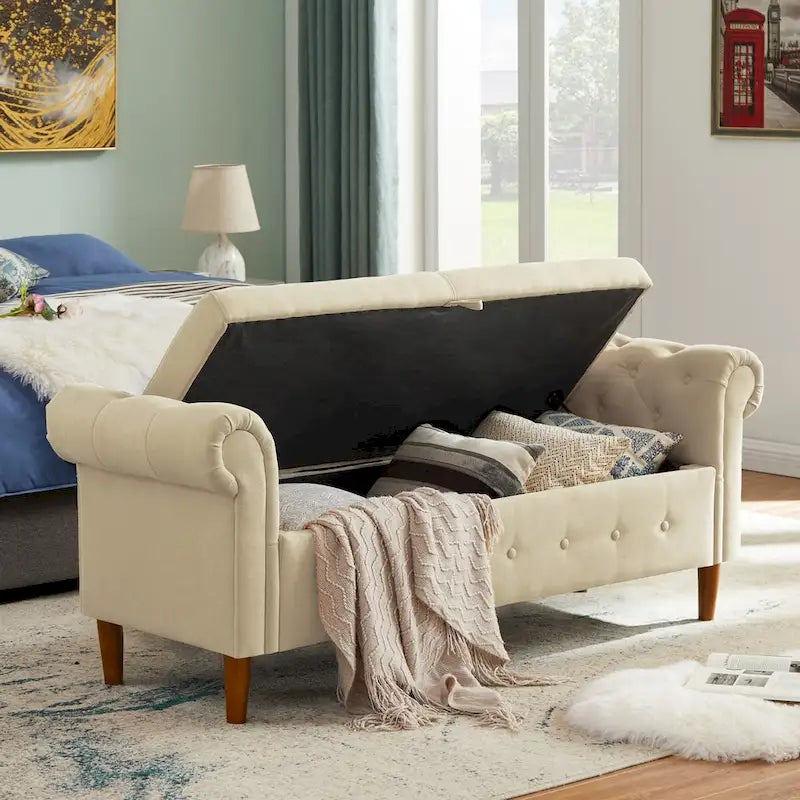 Storage Bench for Bedroom End of Bed Rolled Armed Velvet Ottoman Couch Long Bench
