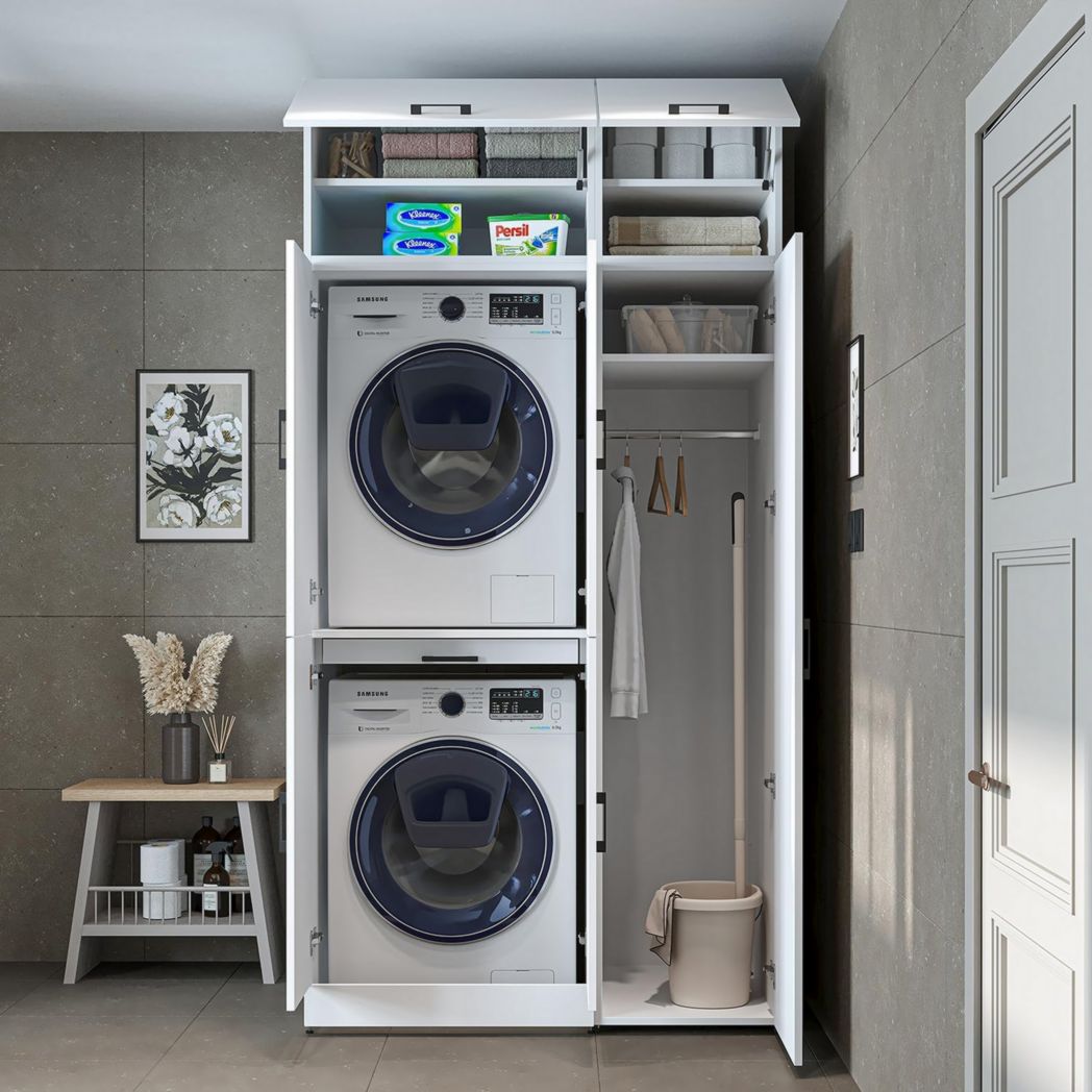 ROOMART Dora - Meuble pour machine à laver - Pour sèche-linge et machine à laver - En 4 couleurs - Avec portes et panneau coulissant - Blanc - Chêne blanc - Chêne anthracite - Chêne blanc (chêne blanc)