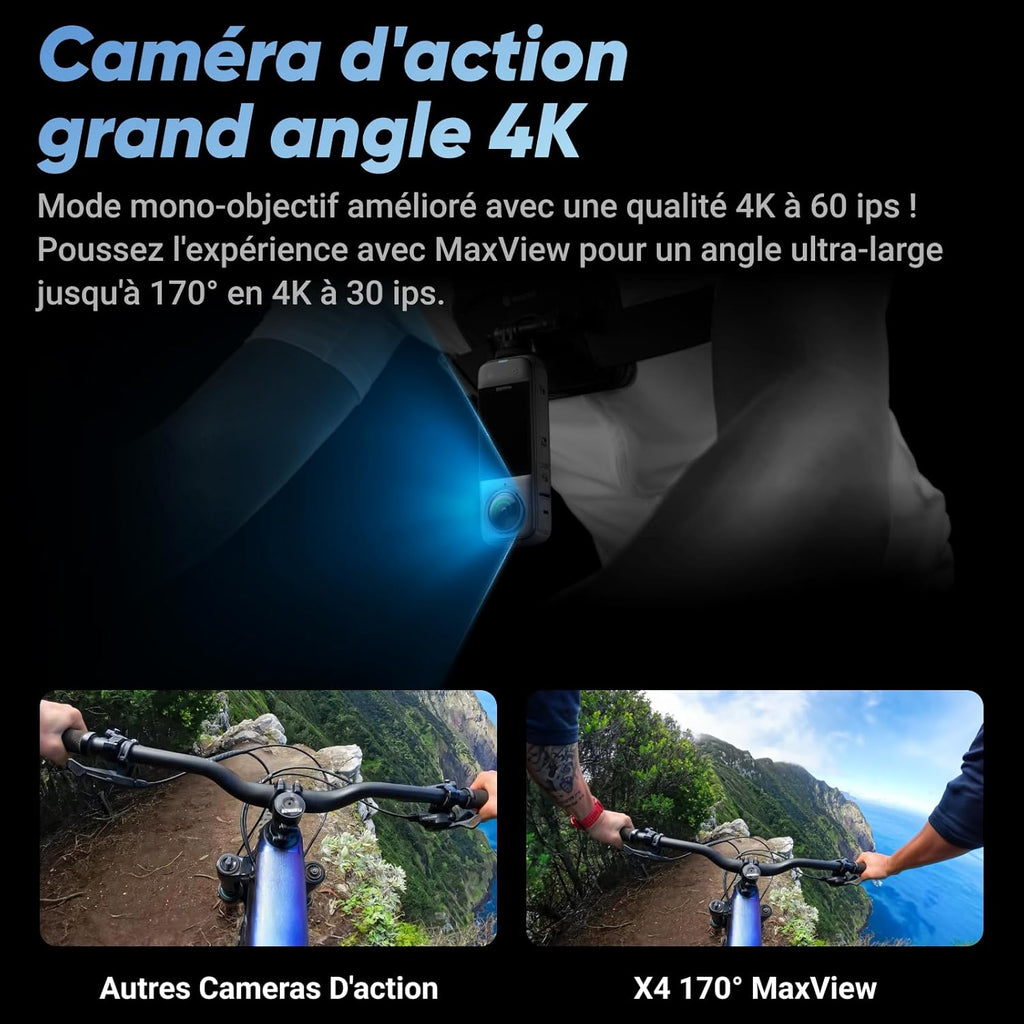 Insta360 X4 - Caméra d'action 360° 8K étanche, vidéo grand angle 4K, effet de perche à selfie invisible, protège-objectifs amovibles, 135 min d'autonomie, édition IA, stabilisation, pour sport, voyage
