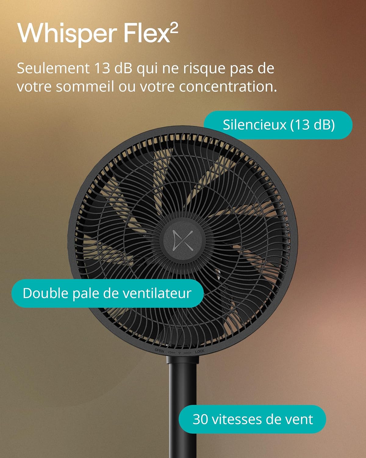 Duux Ventilateur intelligent Whisper Flex 2 – ultra silencieux 13 dB – mode nuit & minuterie – hauteur réglable (54–92 cm) – 2W éco – contrôle app & télécommande – Noir