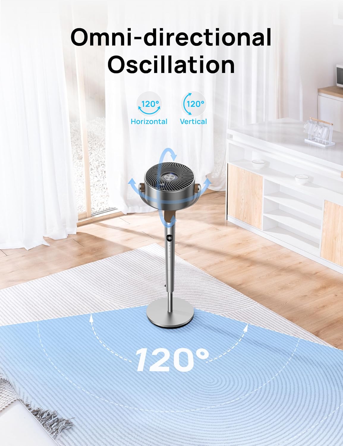 DREO 20 dB Smart Ventilateur Silencieux sur Pied, Oscillation à 120° + 120°, Ventilateurs Puissants avec Télécommande, Portée de 24 m, 6 Modes, 8 Vitesses, Minuterie de 12 h, Compatible avec Alexa