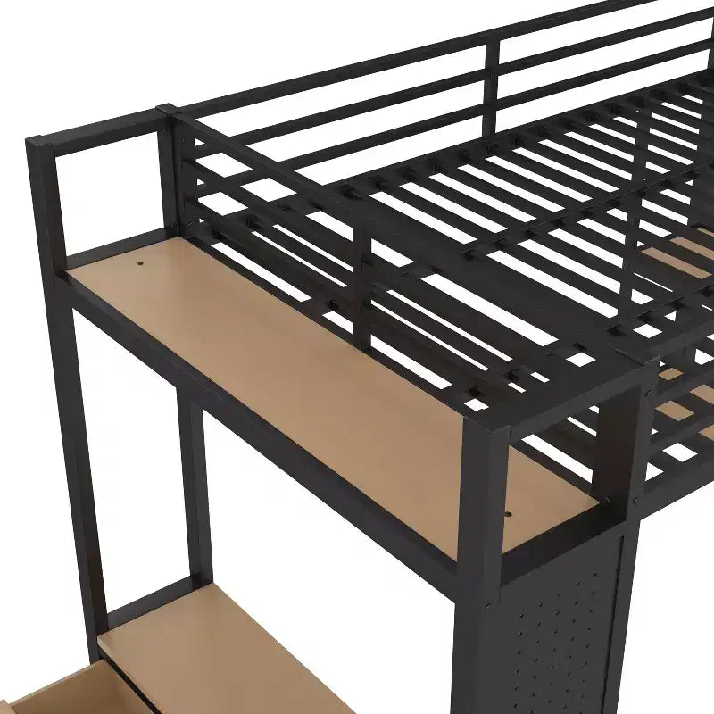 Full/Queen Size Metal Loft Bed Frame, All-In-One with Wardrobe, Storage Shelves & Pegboard, Black - ModernLuxe