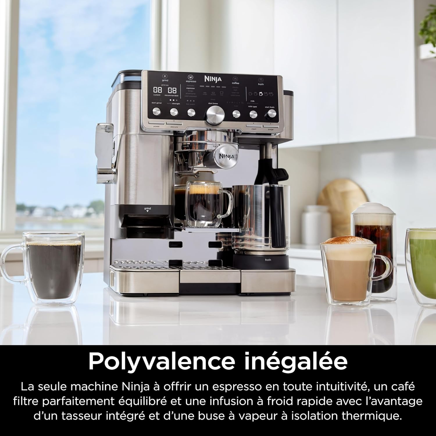 NINJA Machine à café Luxe Essential 2-en-1, Latte, Cappuccino et Espresso avec broyeur à grains et mousseur à lait intégrés, facile à utiliser, 2 préréglages mousse, argent, ES501EU