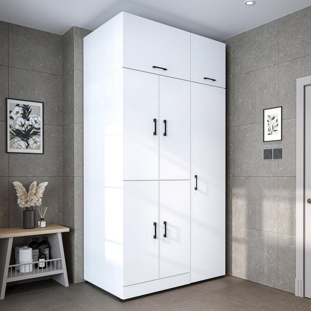 ROOMART Dora - Meuble pour machine à laver - Pour sèche-linge et machine à laver - En 4 couleurs - Avec portes et panneau coulissant - Blanc - Chêne blanc - Chêne anthracite - Chêne blanc (chêne blanc)