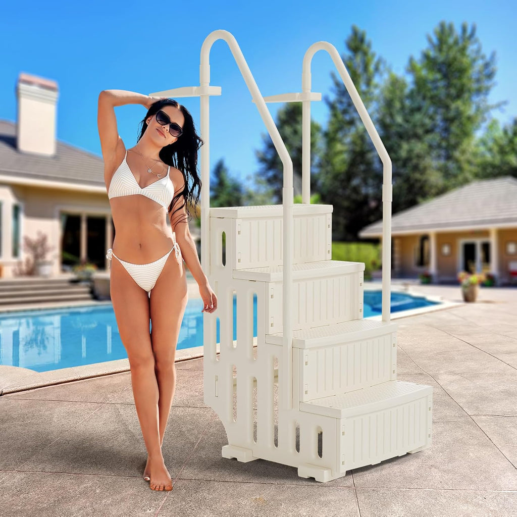 BONNLO Échelle de Piscine Antidérapante PE, Escalier de Piscine, Adaptée aux Piscines Hors Sol et Creusées Intérieur Extérieur, Blanc Cassé (Blanc Cassé, 4)
