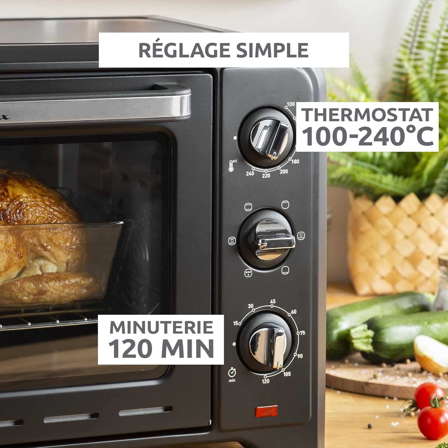 Moulinex Four posable 33 L, Chaleur tournante, Convection de pointe, 6 modes de cuisson, Thermostat réglable jusqu'à 240 °C, Timer 120 min, Grille réversible, Maniques silicone, Optimo Noir OX464811