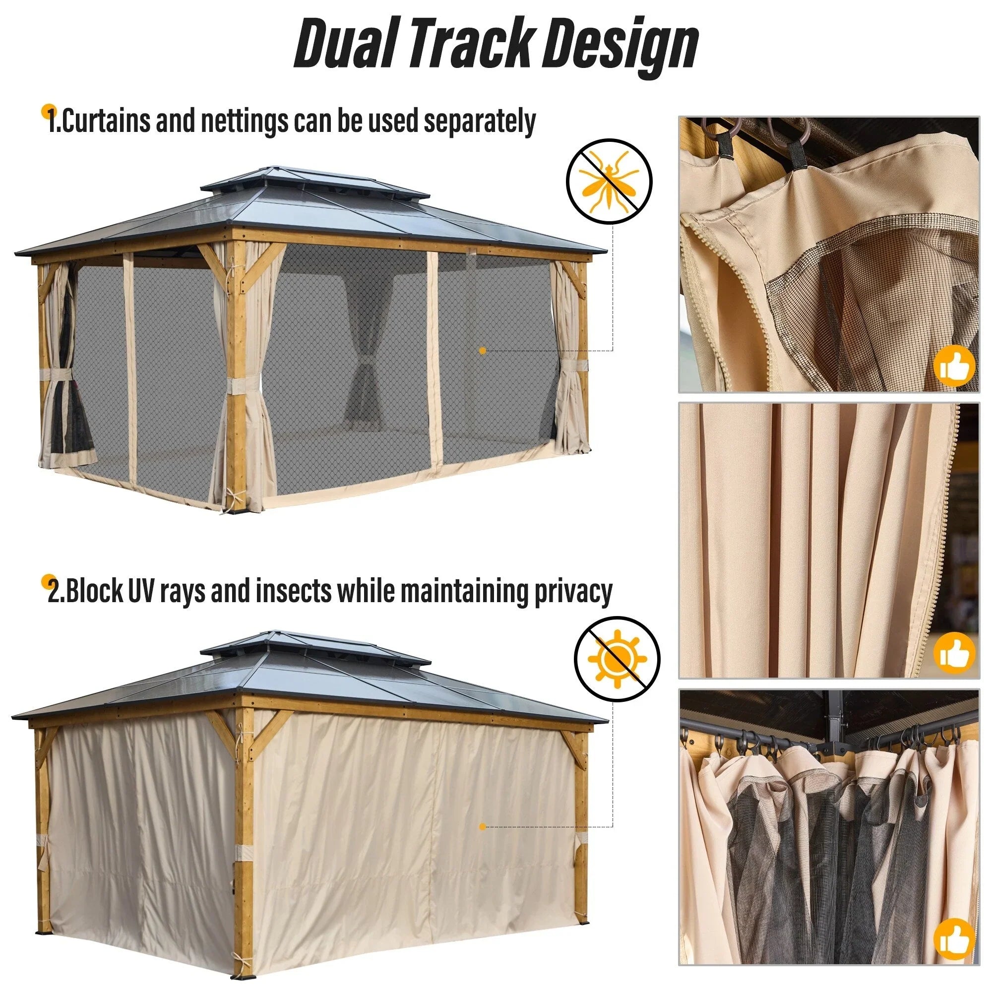 EROMMY Hardtop Gazebo,Outdoor Pergola with Double Roof & Netting & Curtains,Heavy Duty Canopy for Patio, Backyard, Pool party