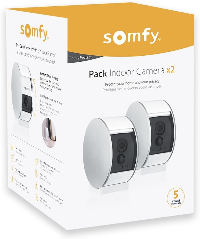somfy 1870469 - Pack de 2 Indoor Camera, Caméras avec volet motorisé, Vision Nocturne, Détection de Mouvement, Grand Angle, Haut-Parleur, Microphone, Compatible : Alexa, Google Home et Tahoma