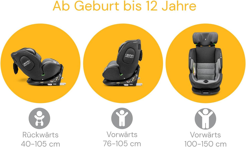 OSANN - Siège auto bébé/enfant One360 Rotatif 360° Isofix - 40-150 cm - 0 à 12 ans - Groupe 1/2/3 - Gris, Hauteurs 14 positions, Dos/Face à la route, Supports magnétiques pour sangles d'épaules
