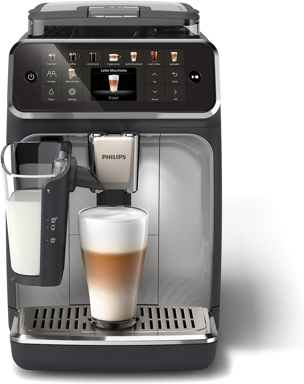Philips Expresso broyeur Série 5500 – 20 Boissons Chaudes et Glacées, Carafe LatteGo facile à nettoyer, SilentBrew, QuickStart, Machine à café à grain Noir/Argent (EP5546/70)