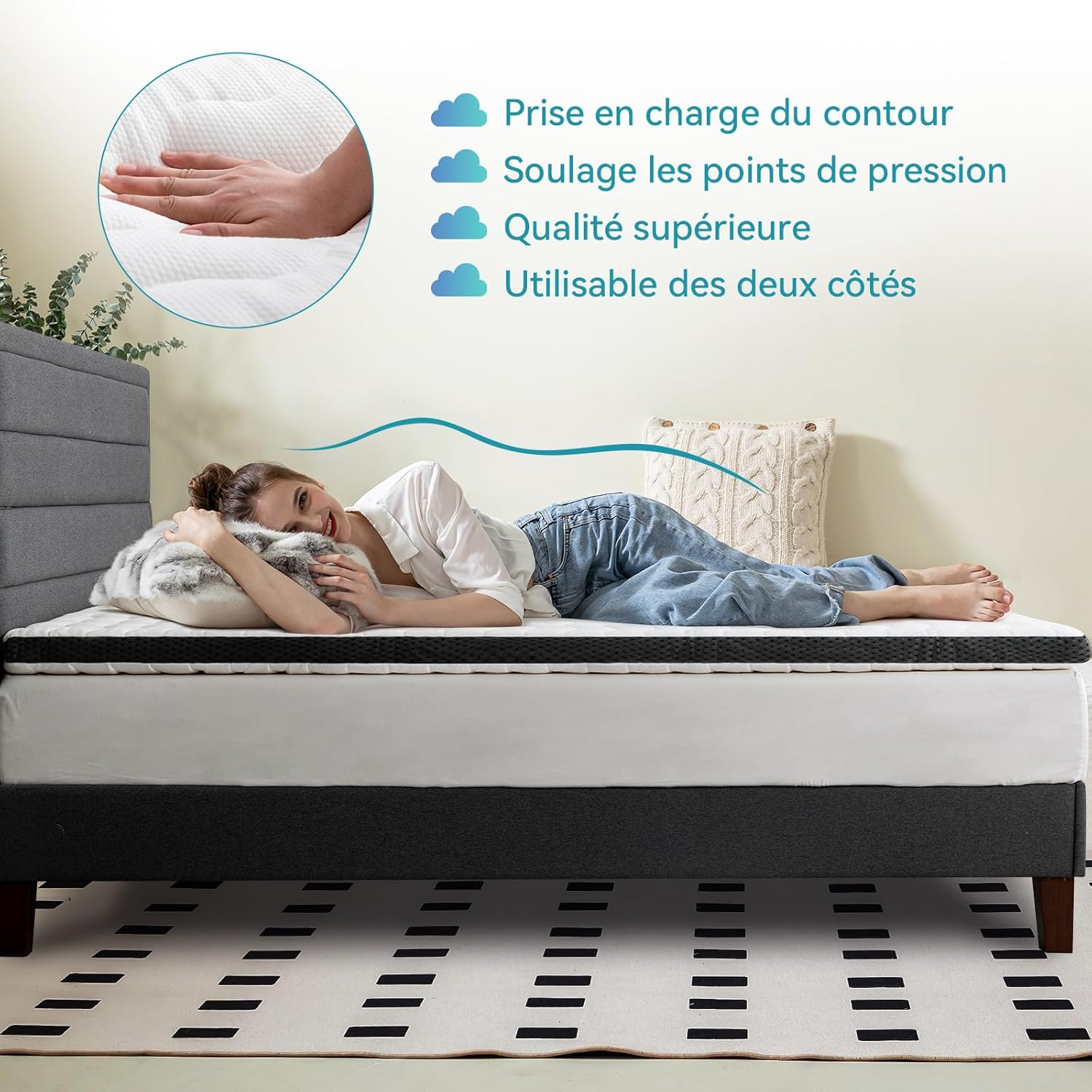 Amazon Basics Surmatelas de Mousse à Mémoire de Forme confortable, Très Moelleux, 160 x 200 x 7 cm, Blanc