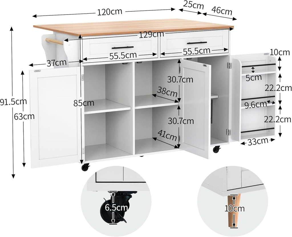 Desserte îlot de cuisine sur roulettes avec plan de travail rabattable, 2 tiroirs et 3 portes, blanc, 129 × 71 × 91,5 cm