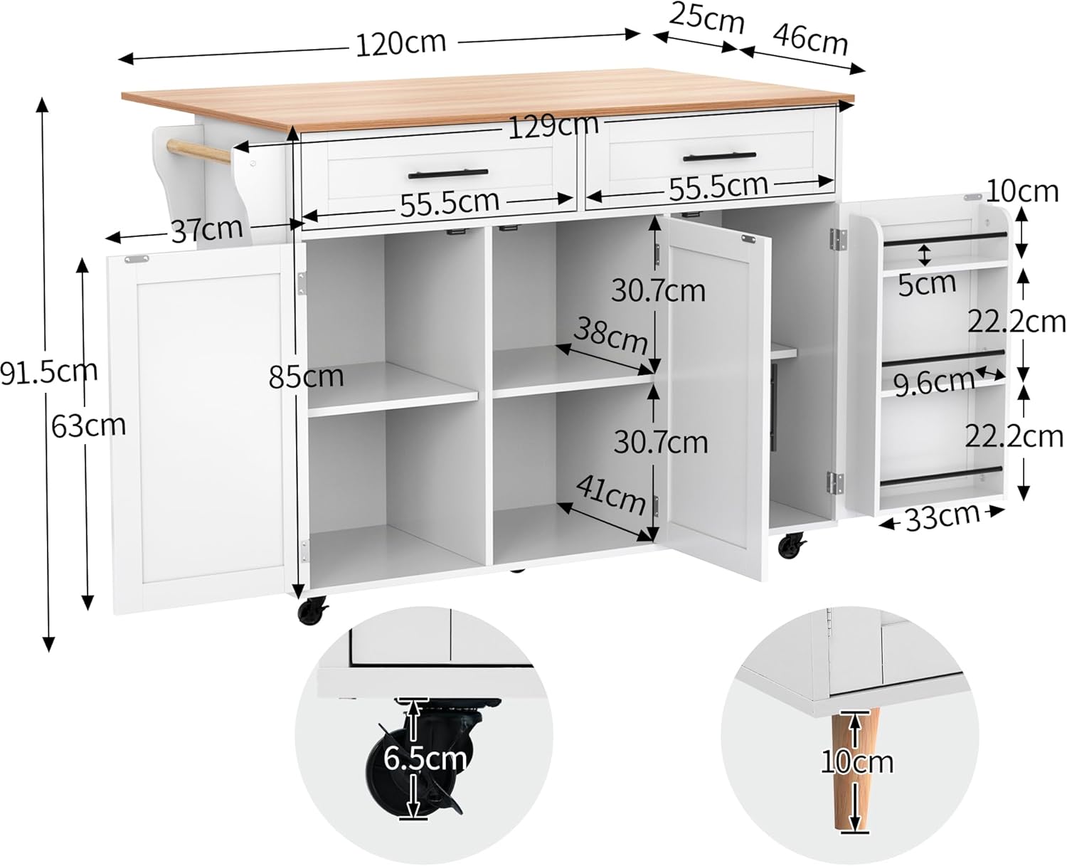 Desserte îlot de cuisine sur roulettes avec plan de travail rabattable, 2 tiroirs et 3 portes, blanc, 129 × 71 × 91,5 cm