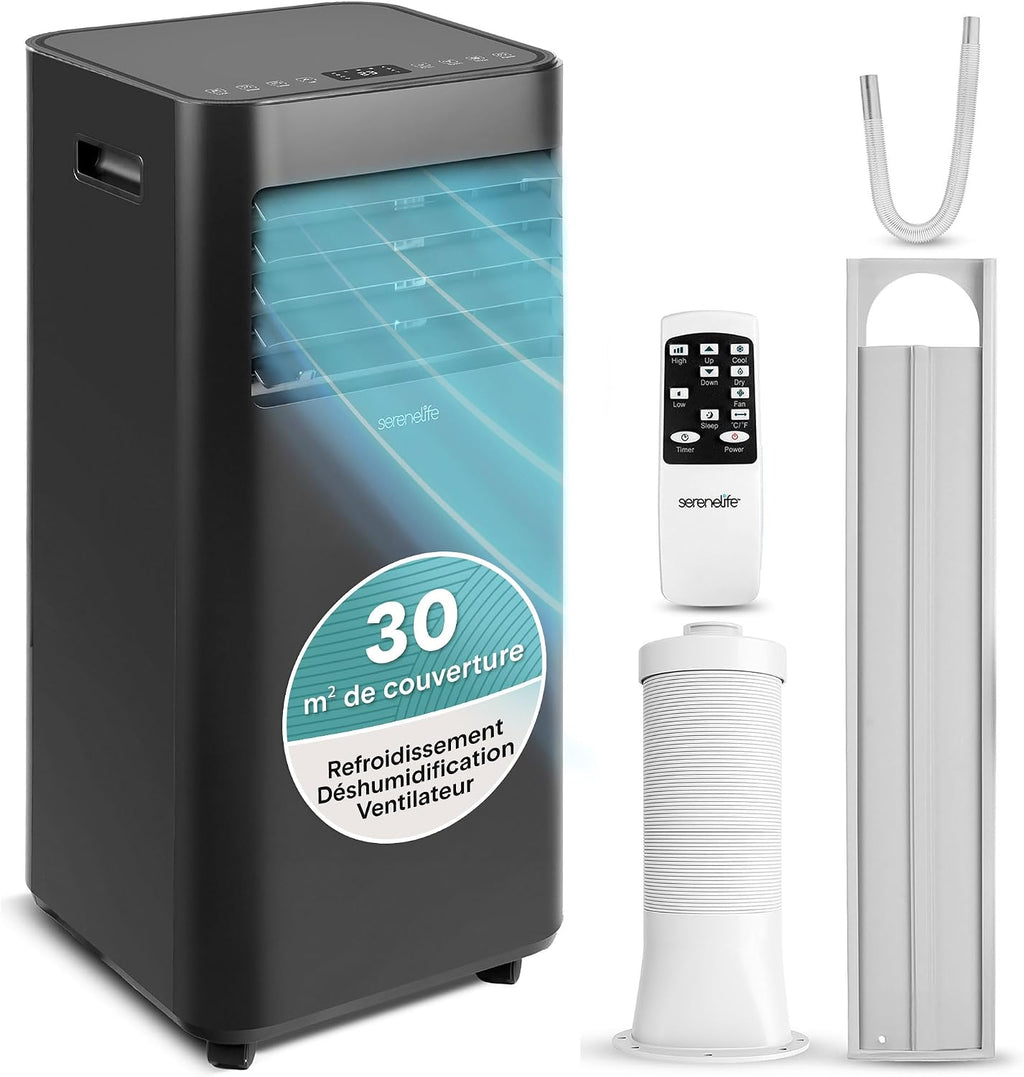 SereneLife Climatiseur Mobile 9000 BTU 2,0 kW – Climatiseur Portable avec Évacuation, 3 en 1 Refroidissement Déshumidificateur Ventilateur, Silencieux 54 dB, Télécommande et Kit Fenêtre