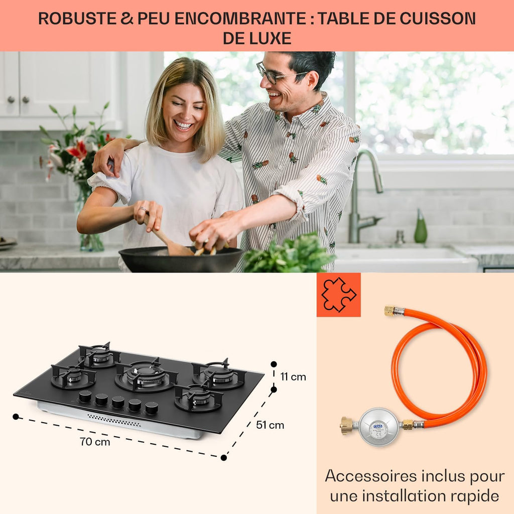 Klarstein Table de Cuisson à Gaz, Plaque de Cuisson Gaz à 5 Brûleurs, Table de Cuisson Encastrable à 5 Feux de 10400W, Cuisiniere Gaz, Gaziniere Gaz avec Brûleurs en Acier Inoxydable, Cuisinières GPL