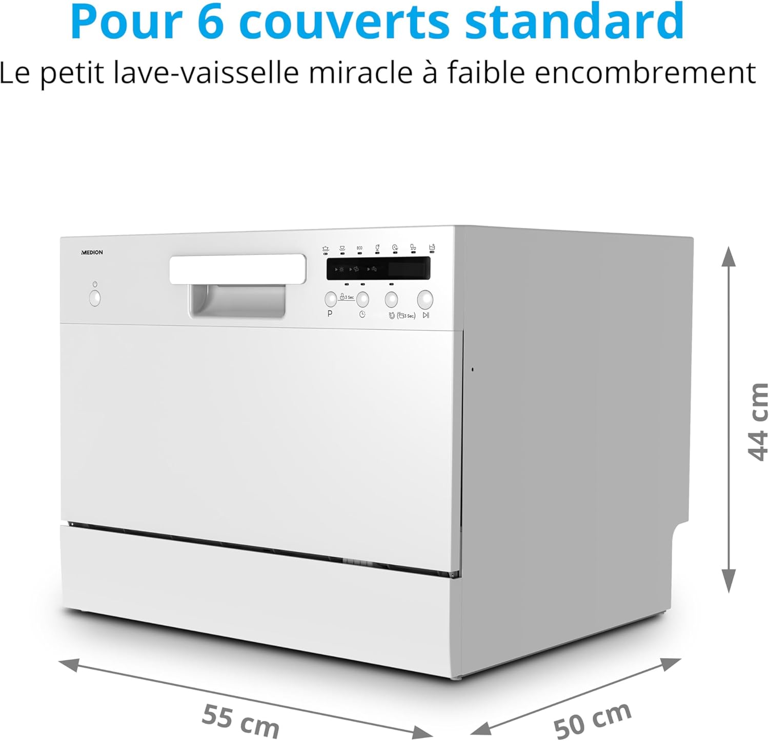 MEDION Lave-vaisselle de table DWT 60 (capacité 6 couverts, 7 programmes, affichage LED, 47dB, MD37496), argent