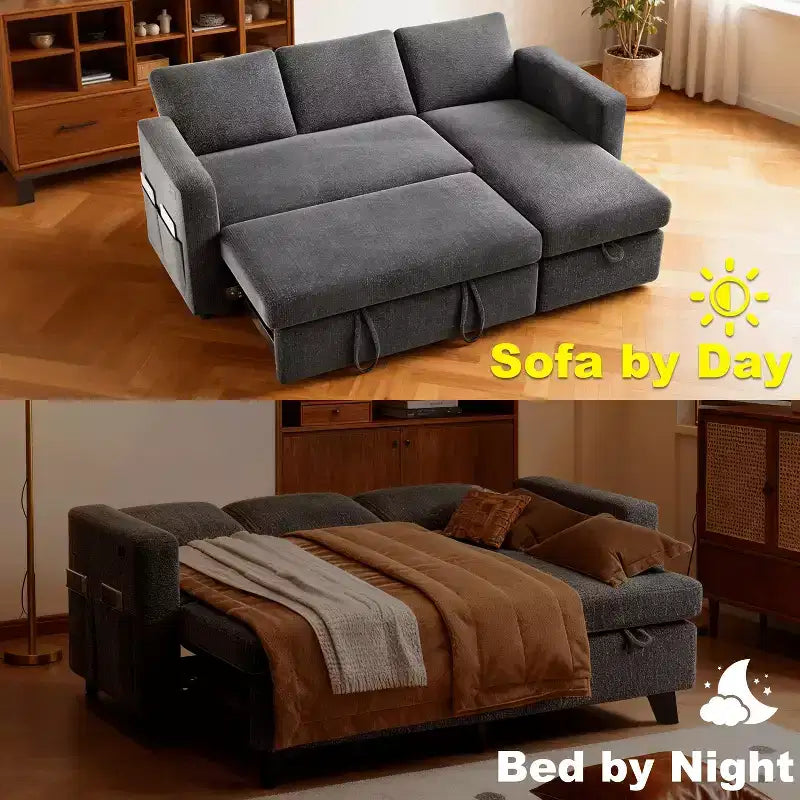 Dyonery 81 Sectional Sleeper Sofa, L-Shaped Pull Out Couch with Reversible Storage Chaise, USB, Reclining Backrest