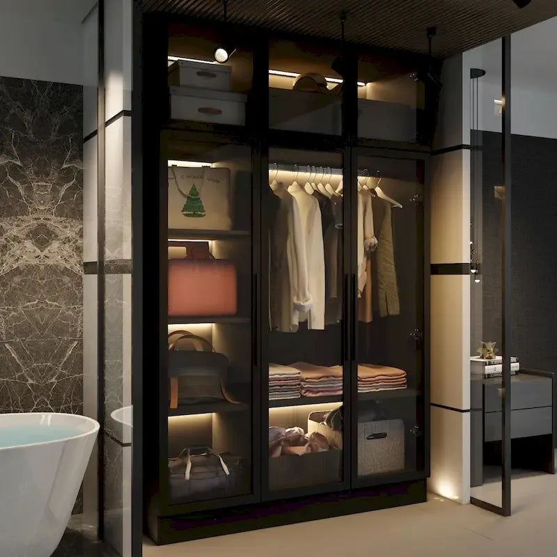 47.2 Wide Armoire LED Light All Glass Door Closet Cabinet Wardrobe